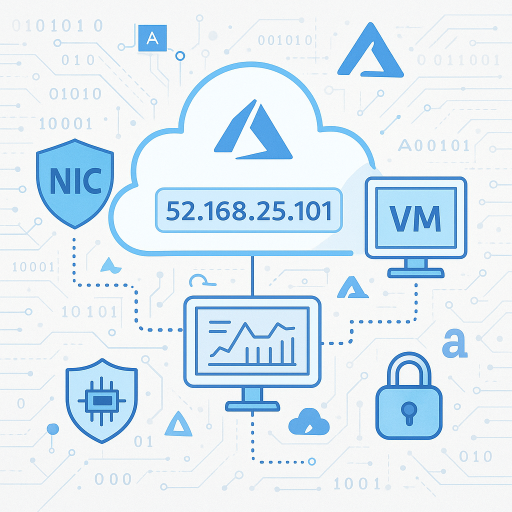 A cloud infrastructure diagram showing Azure IP address 52.168.25.101 connected to NIC, virtual machine (VM), dashboard, and security icons, illustrating automated IP inventory collection and integration with hybrid IPAM systems