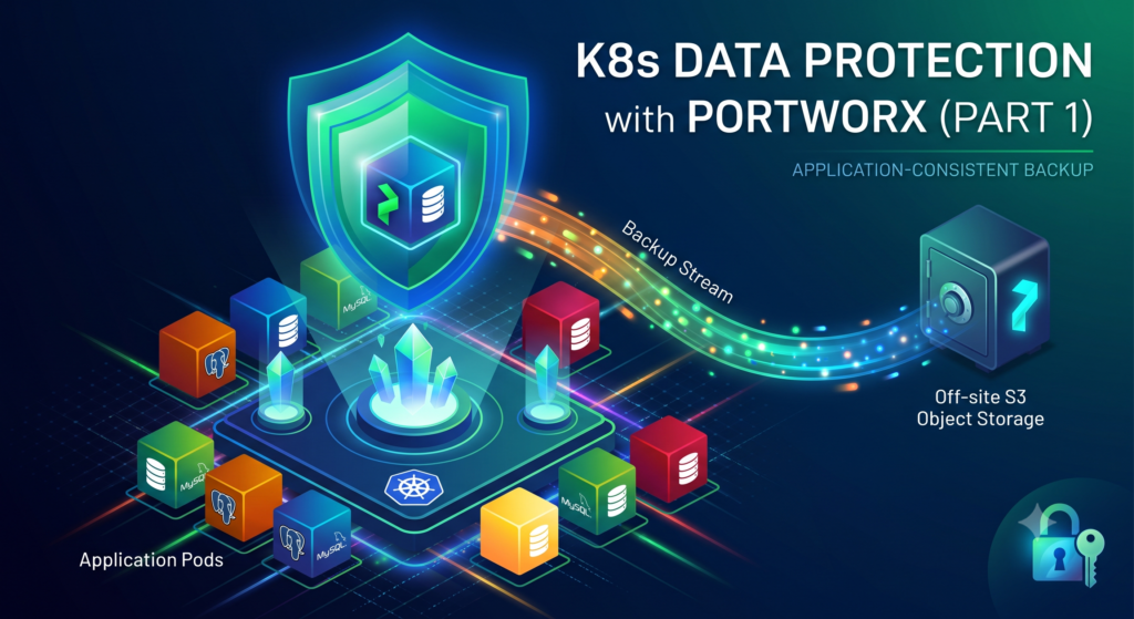K8s Data Protection with Portworx Enterprise showing application-consistent backup, Kubernetes backup, persistent volume protection, and disaster recovery for stateful applications.